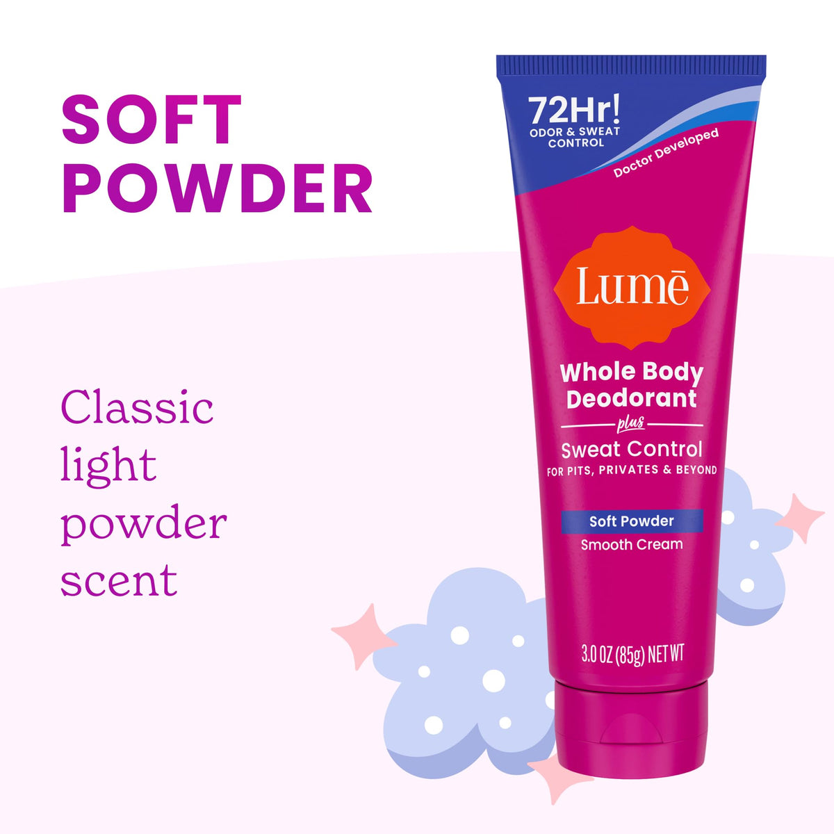 Lume deodorant cream tube beside flowers