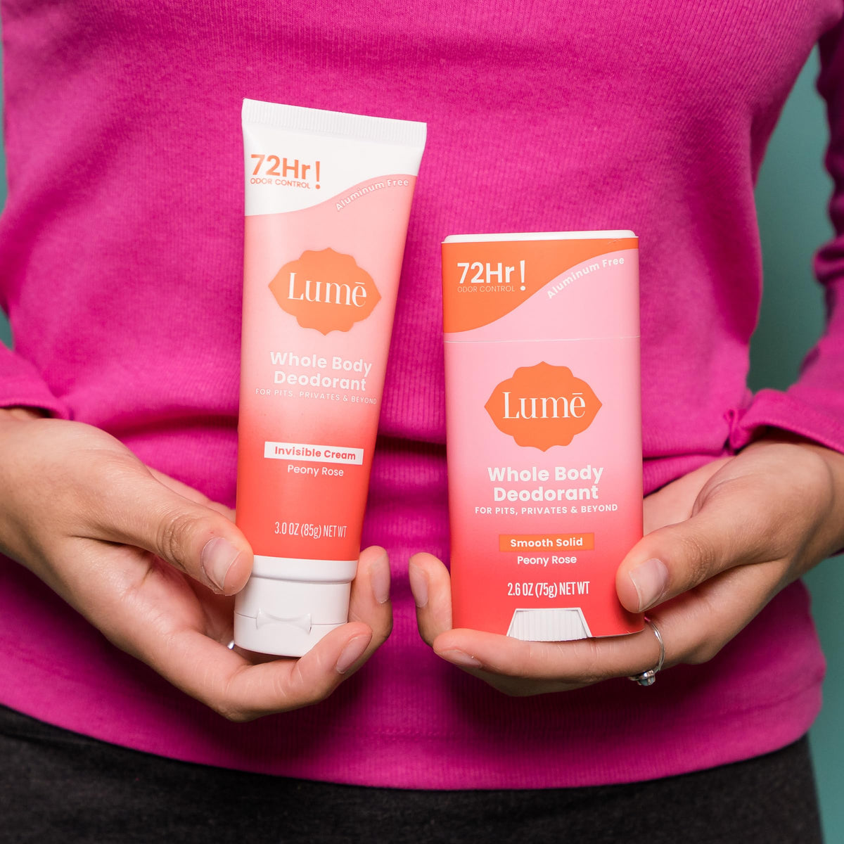 Lume deodorant products arranged on a bathroom counter