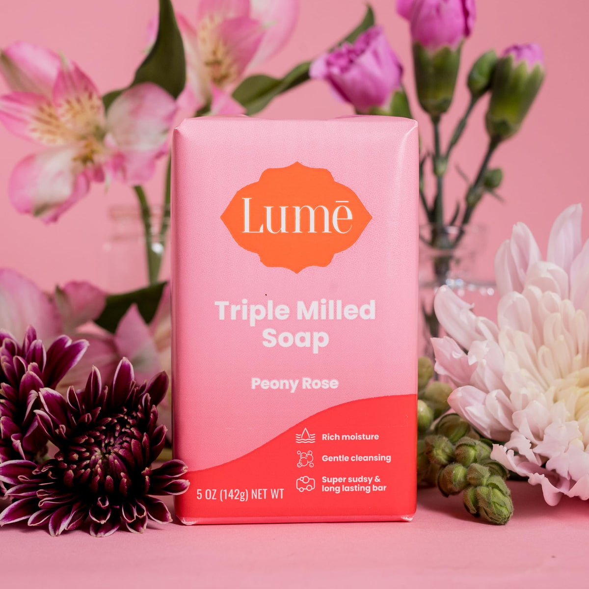 Lume Peony Rose soap in a bathroom setting
