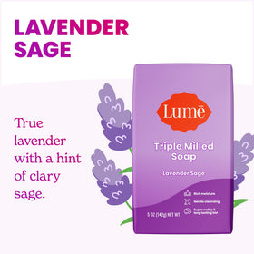 Lume Triple Milled Bar Soap Lavender Sage close-up of bar