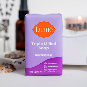 Lume Triple Milled Bar Soap Lavender Sage in use during shaving