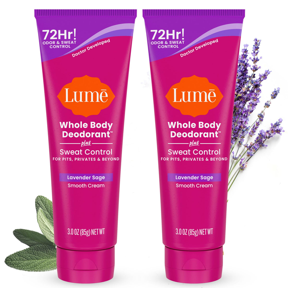Lume Whole Body Deodorant Cream Lavender Sage 3 oz tube front view
