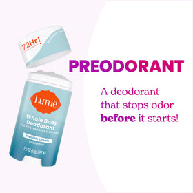 Lume Whole Body Deodorant Cream Stick 2.2 oz Unscented in bathroom setting
