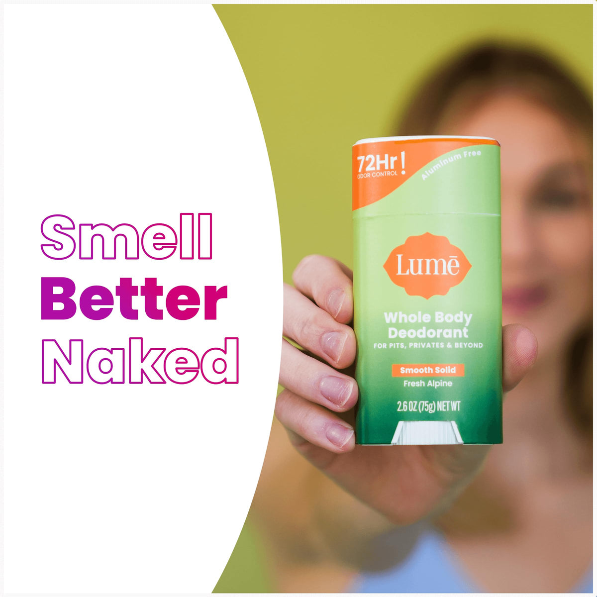 Lume Whole Body Deodorant Cream Stick Fresh Alpine in hand