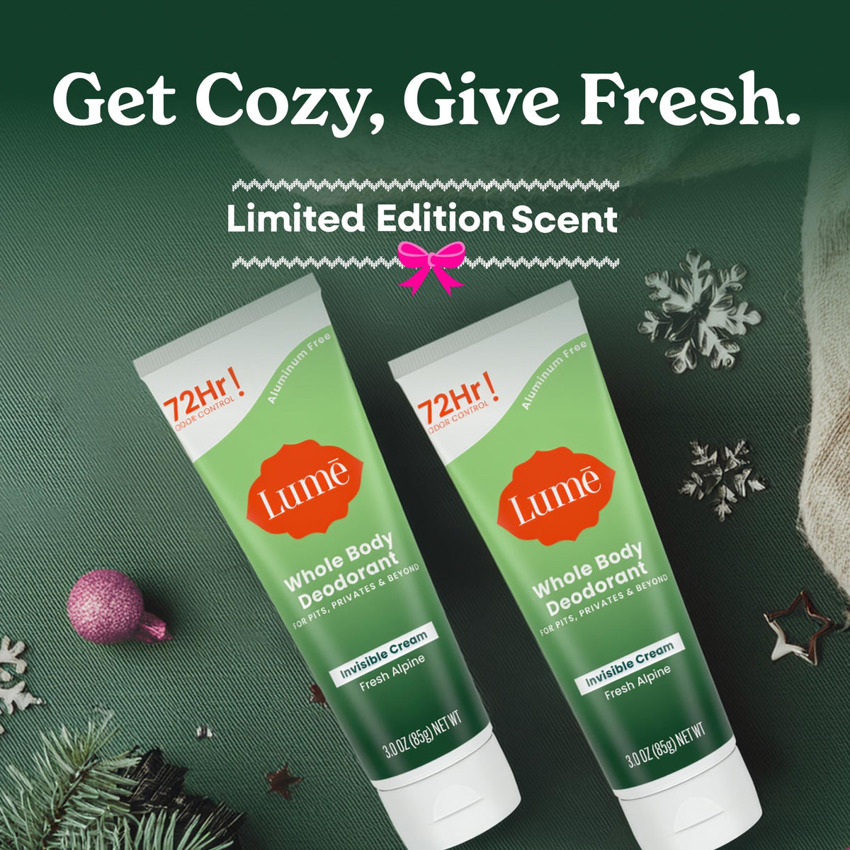 Lume Whole Body Deodorant Cream Tube 3 oz Fresh Alpine side view