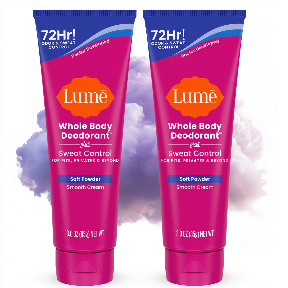 Lume Whole Body Deodorant Cream Tube front view, soft powder scent