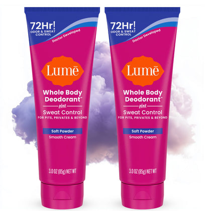 Lume Whole Body Deodorant Cream Tube front view, soft powder scent