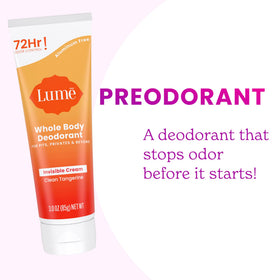 Lume Whole Body Deodorant Cream Tube in lifestyle setting on bathroom counter