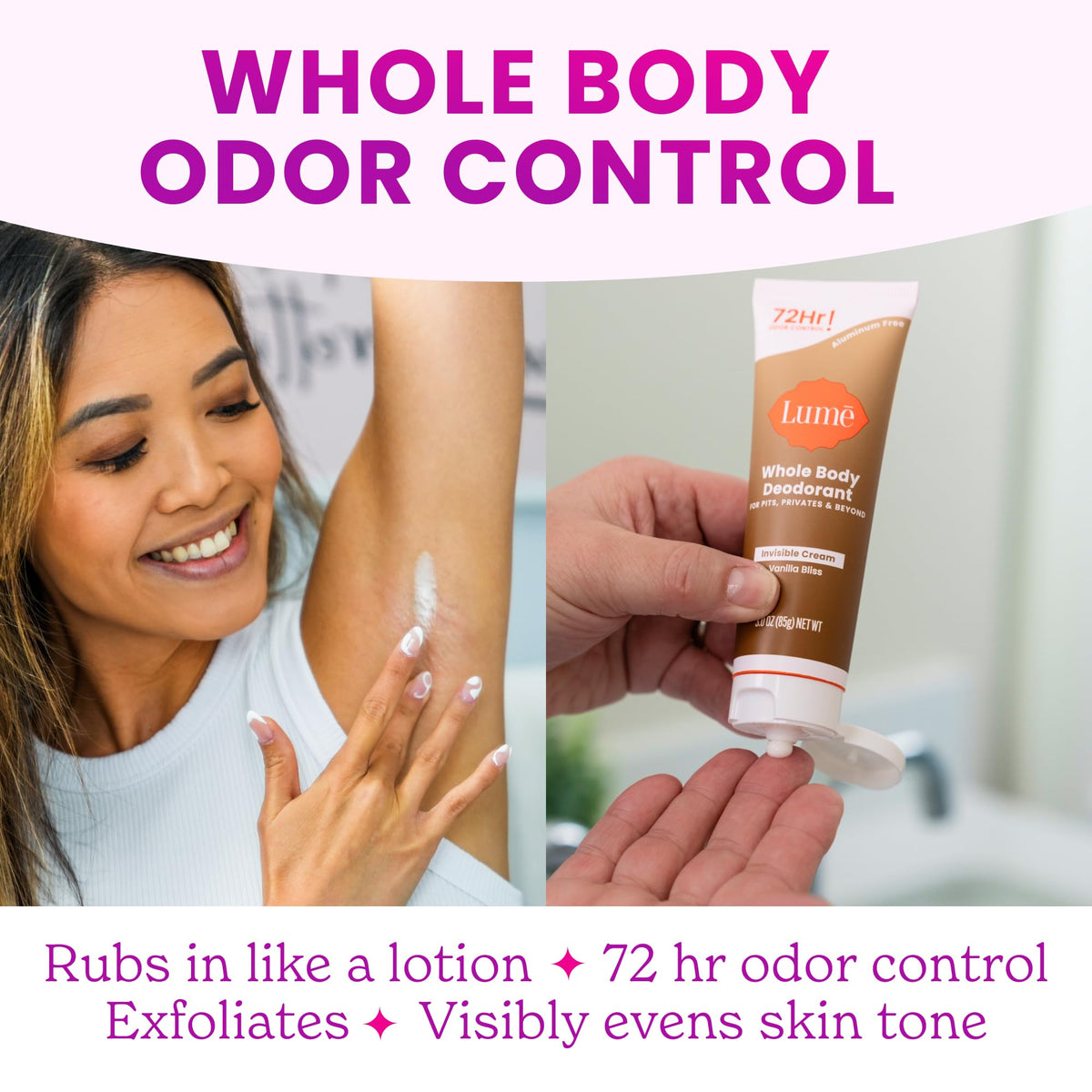 Lume Whole Body Deodorant Cream Tube on a bathroom counter