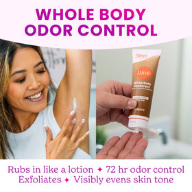 Lume Whole Body Deodorant Cream Tube on a bathroom counter