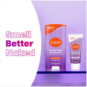 Lume Whole Body Deodorant Lavender Sage on bathroom counter