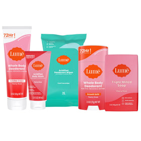 Lume Whole Body Deodorant Peony Rose Starter Pack front view with all products