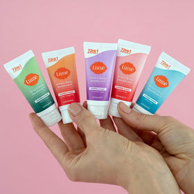 Lume Whole Body Deodorant Sampler tubes arranged on a bathroom counter