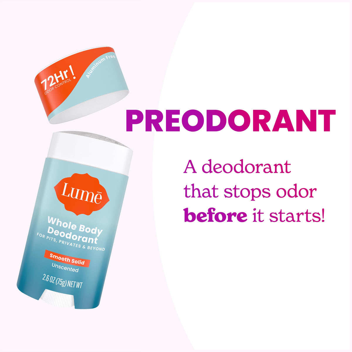 Lume Whole Body Deodorant Solid Stick 2.6 oz Unscented close-up of stick
