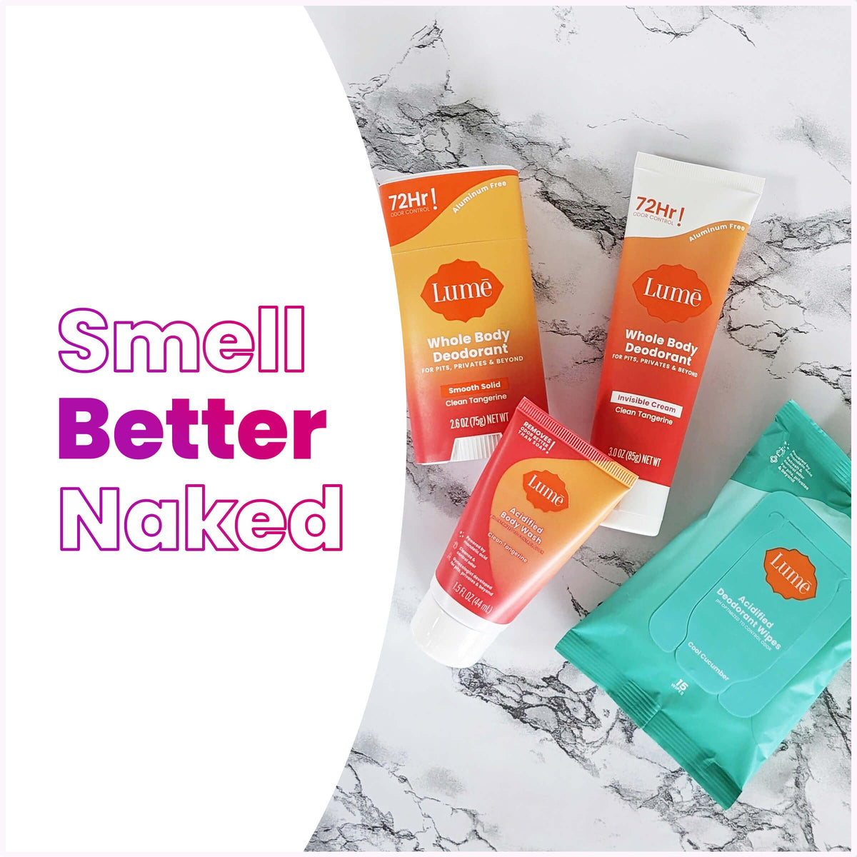 Lume Whole Body Deodorant Starter Pack on a bathroom counter