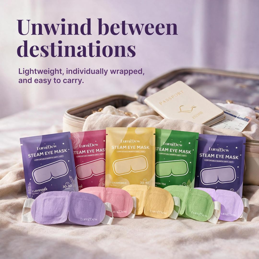 LumiDew Steam Eye Mask in a travel kit with other essentials
