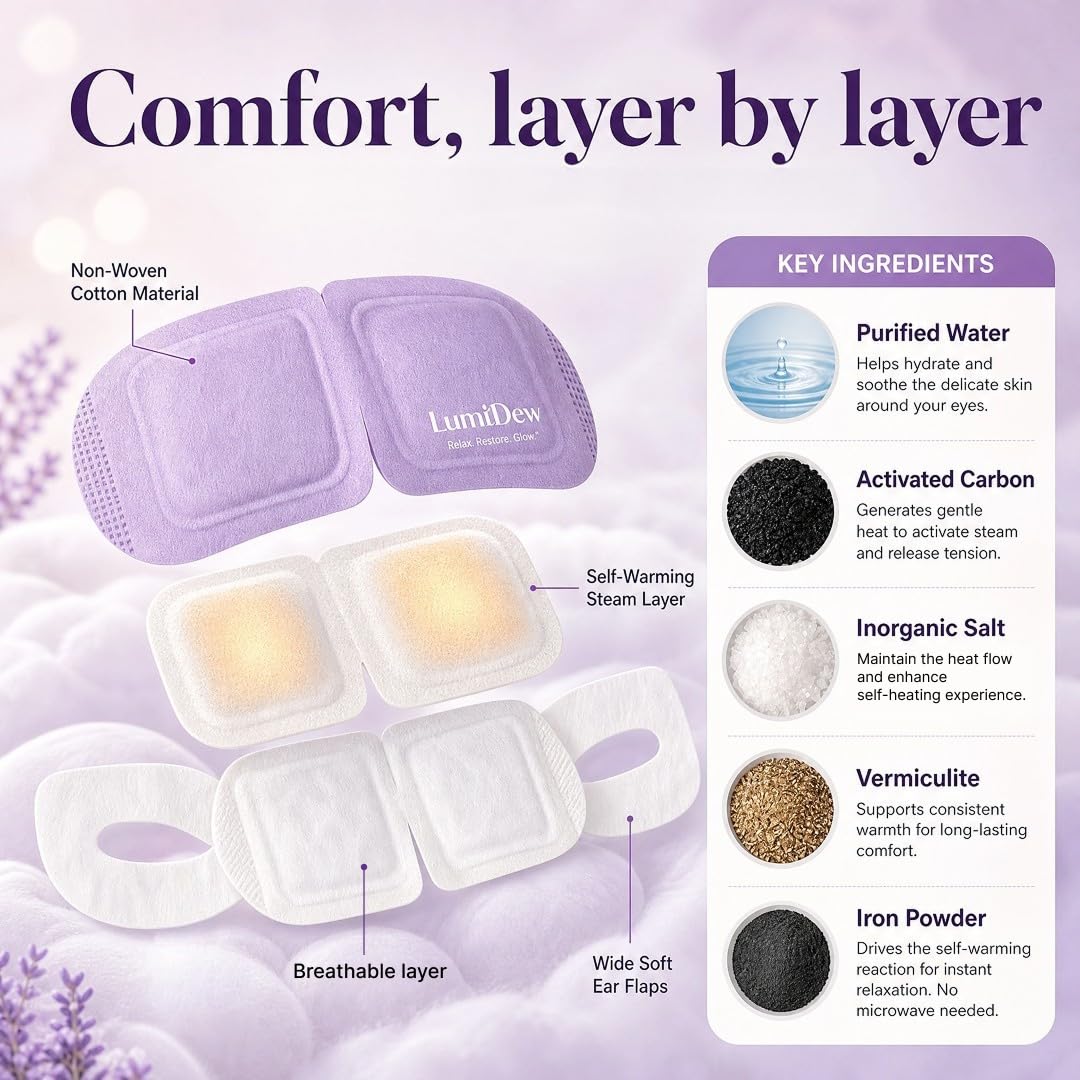 LumiDew Steam Eye Mask showing self-heating technology