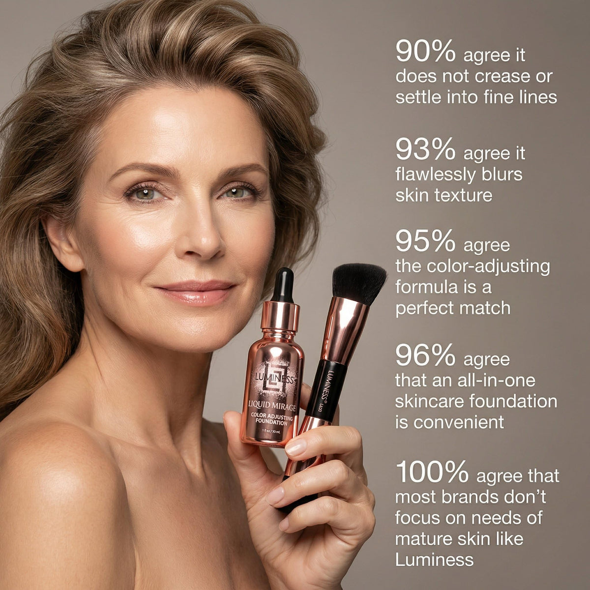 LUMINESS Liquid Mirage Foundation on a vanity with makeup tools