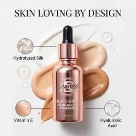LUMINESS Liquid Mirage Foundation Tan with makeup tools