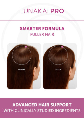 Lunakai Hair Growth Supplement capsules on a wooden surface
