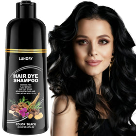 Lunory Black Hair Dye Shampoo front view with packaging