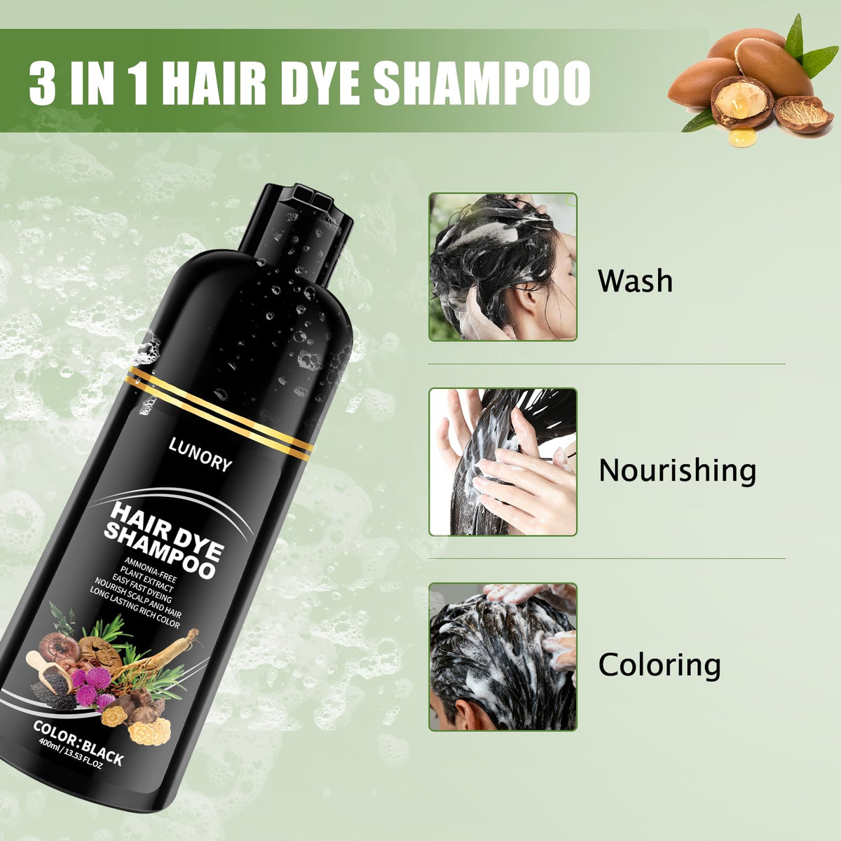 Lunory Black Hair Dye Shampoo in a bathroom setting