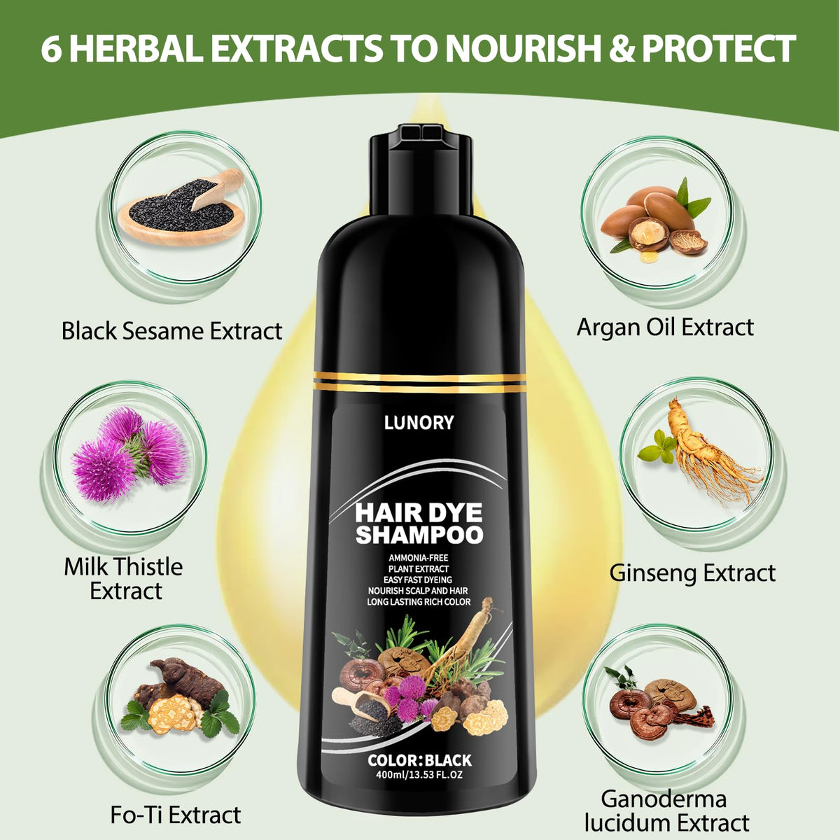 Lunory Black Hair Dye Shampoo with natural ingredients displayed