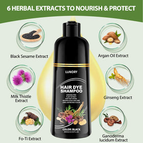 Lunory Black Hair Dye Shampoo with natural ingredients displayed