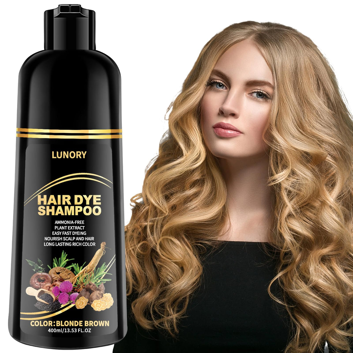 Lunory Blonde Brown Hair Dye Shampoo front view with packaging