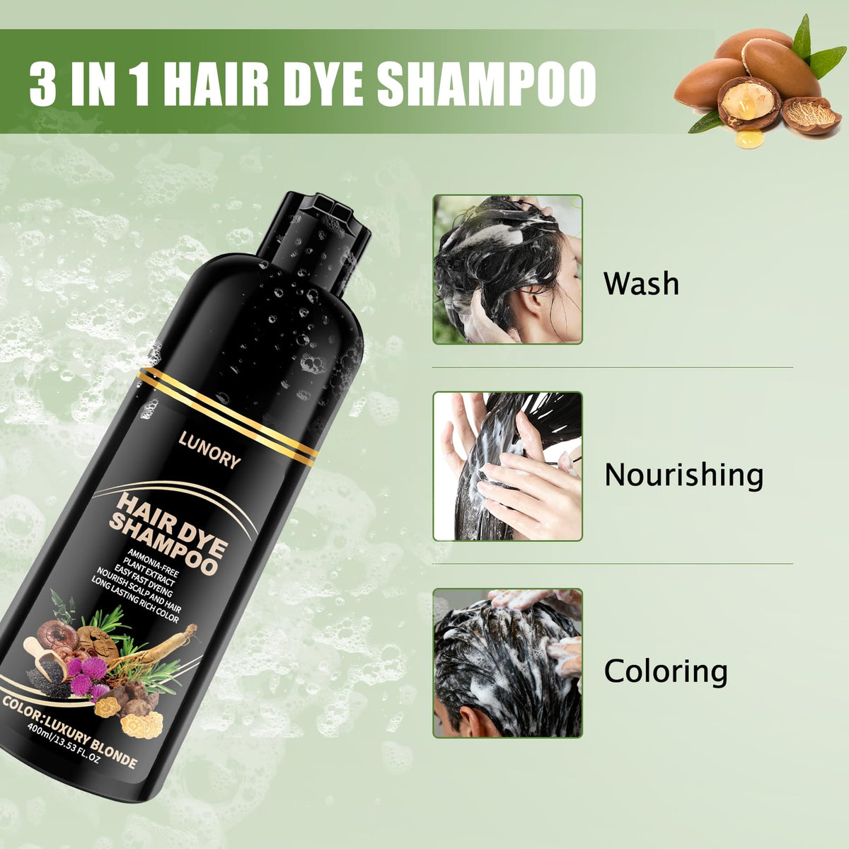 Lunory Light Blonde Hair Dye Shampoo in bathroom setting