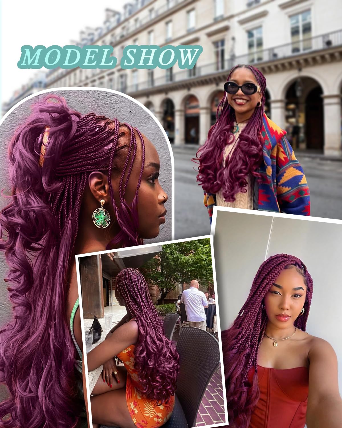 Luoyudu Burgundy French Curl Braiding Hair in a braided hairstyle