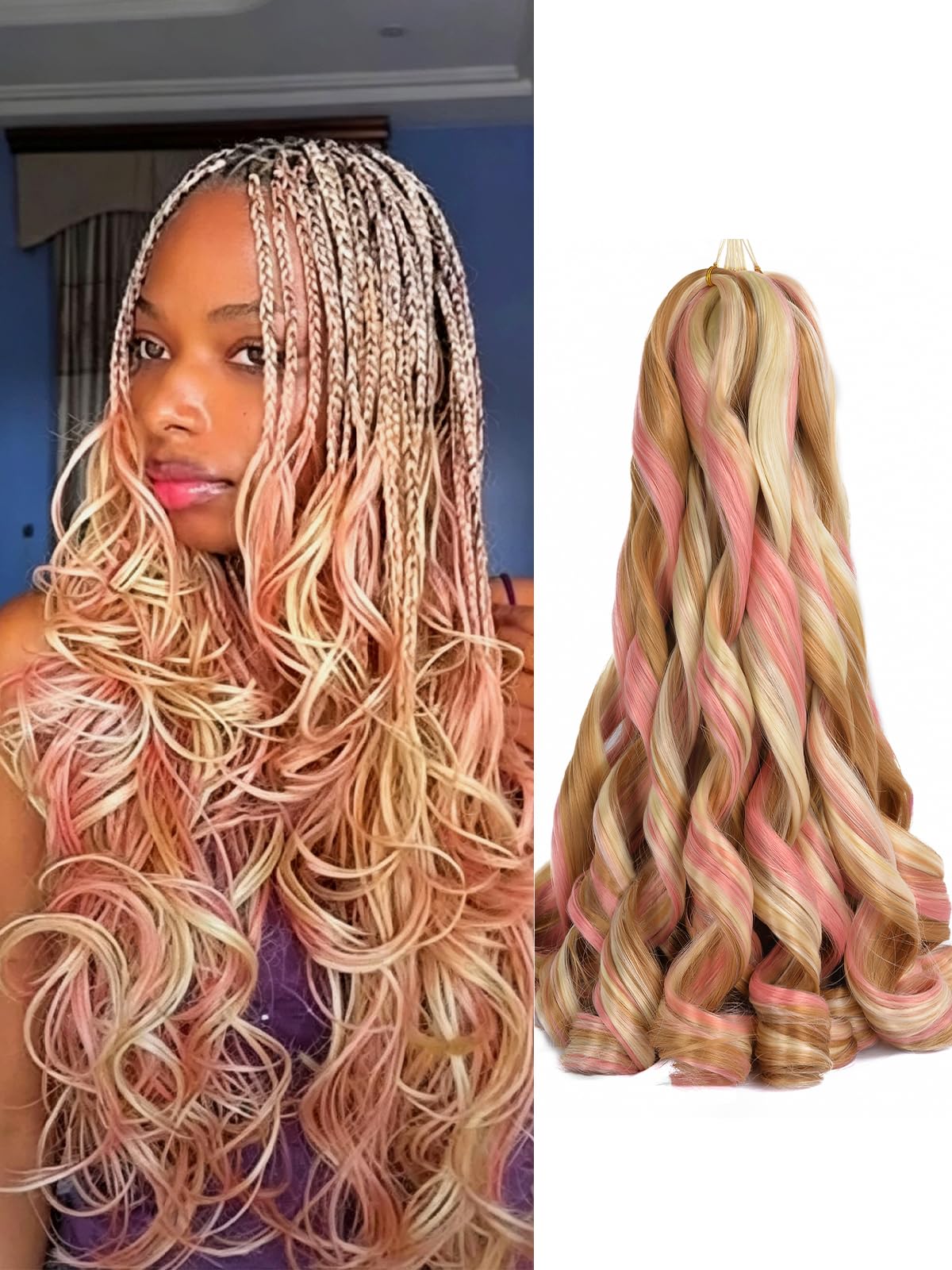 Luoyudu French Curl Braiding Hair 24 Inch front view in P27/613/Pink