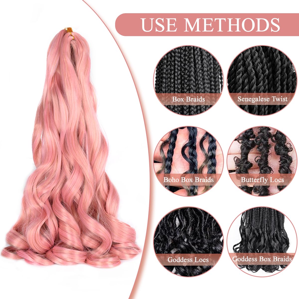 Luoyudu French Curl Braiding Hair 24 Inch mixed pink color