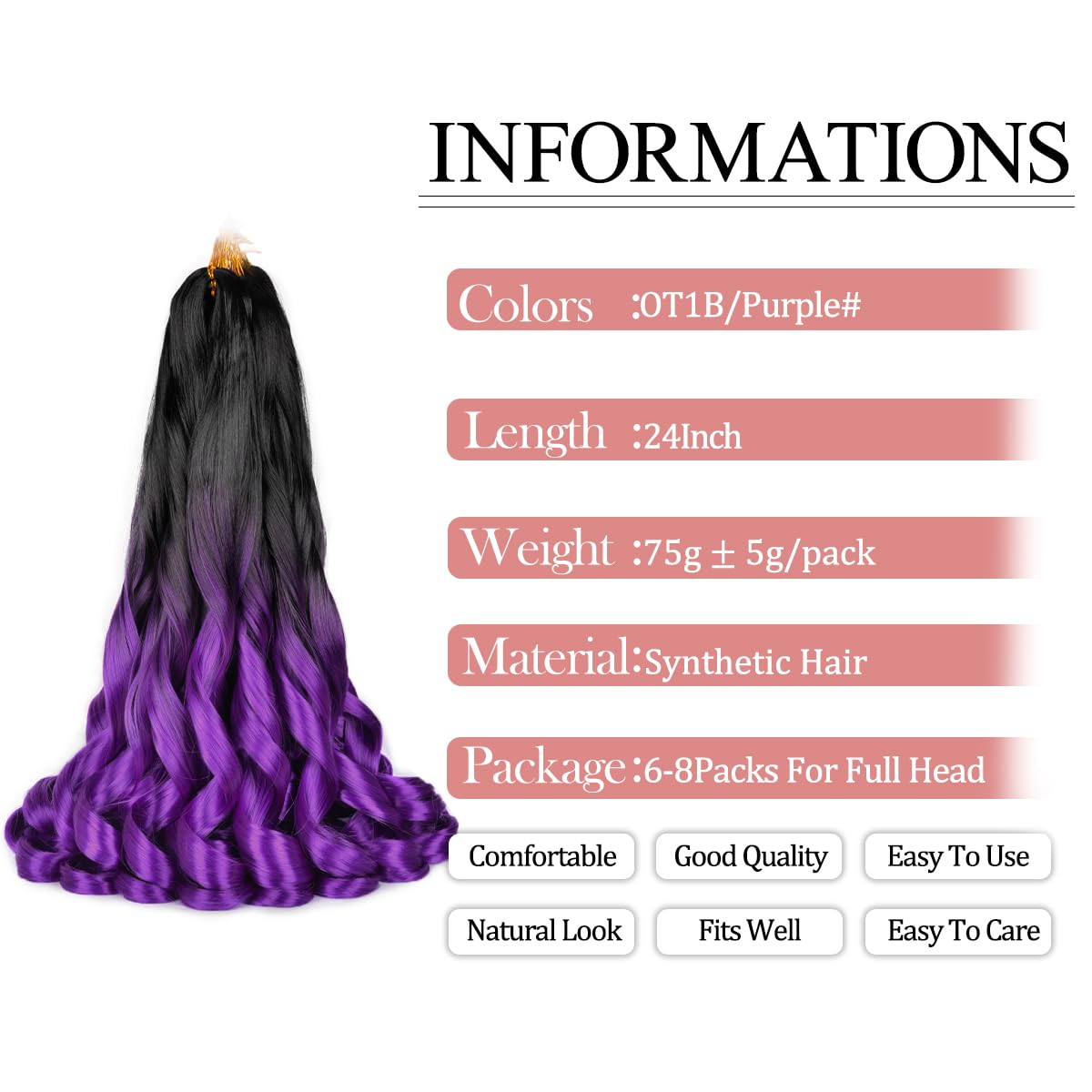 Luoyudu French Curl Braids 24 Inch OT1B/Purple close-up of texture
