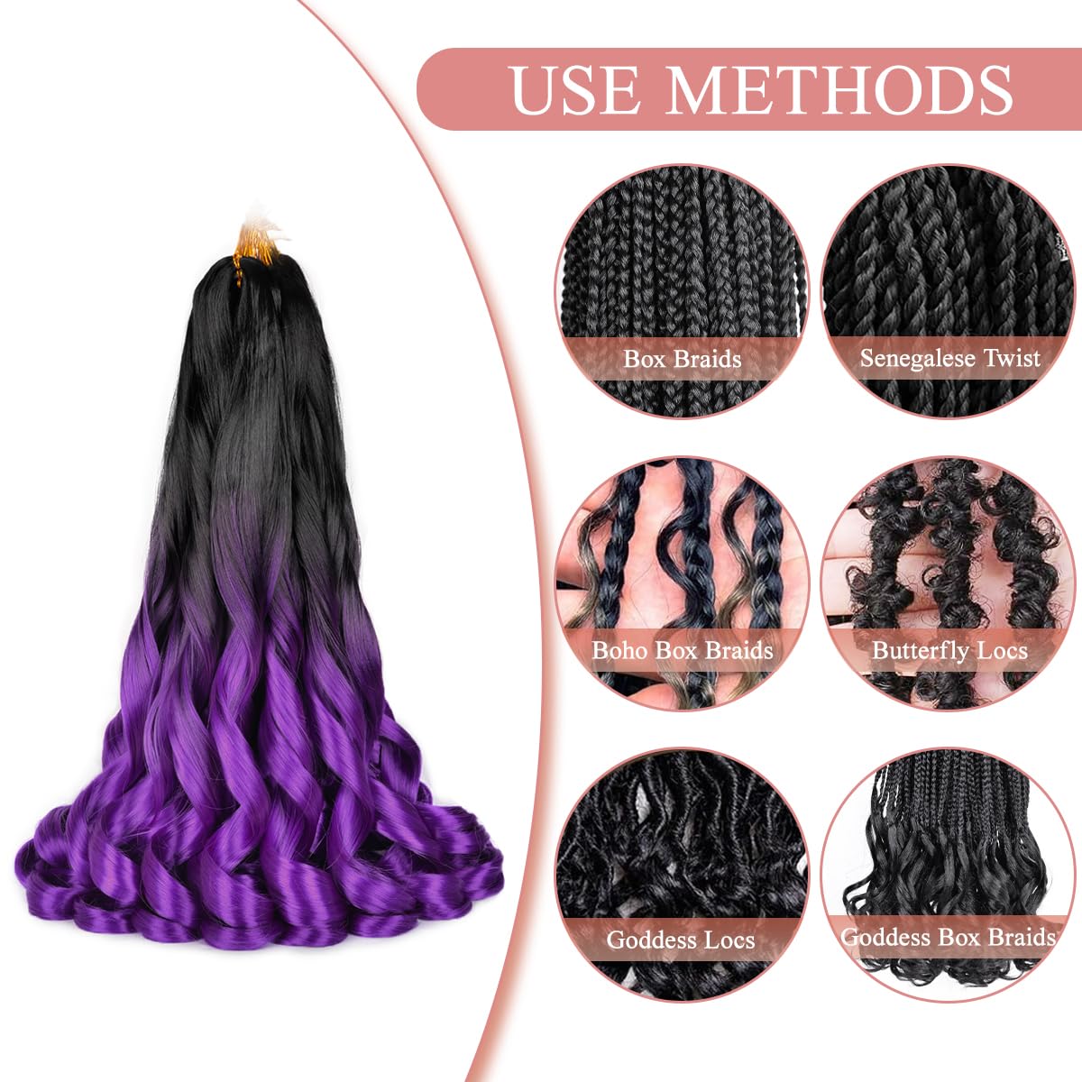 Luoyudu French Curl Braids 24 Inch OT1B/Purple displayed with accessories