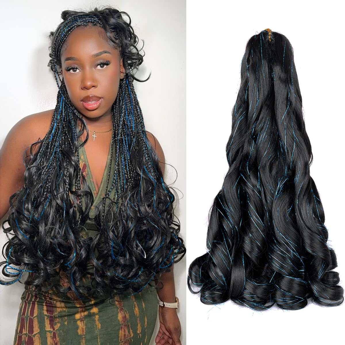 Luoyudu French Curly Braiding Hair 24-inch 1B/Blue front view