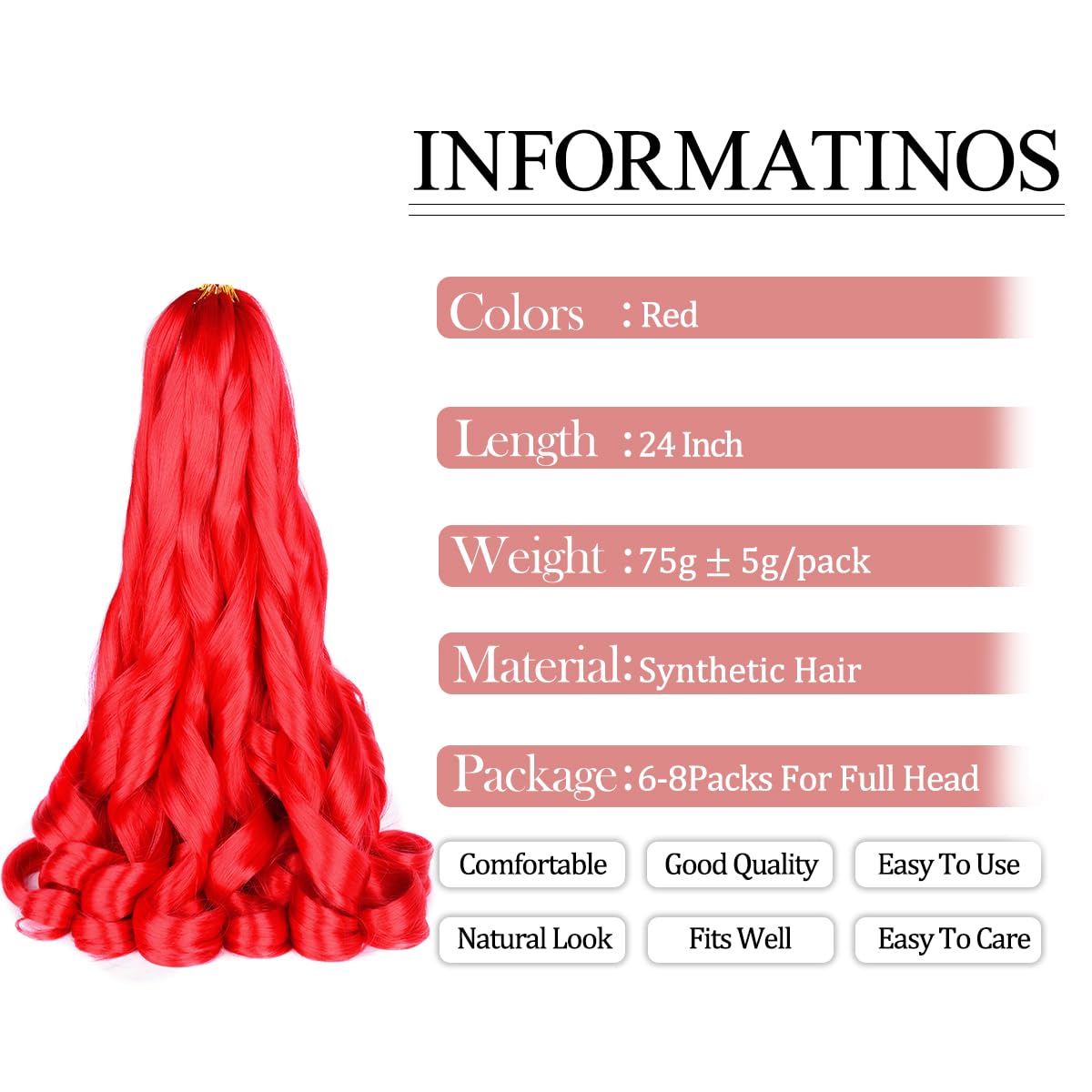 Luoyudu Red French Curl Braiding Hair 24 inch close-up of curls