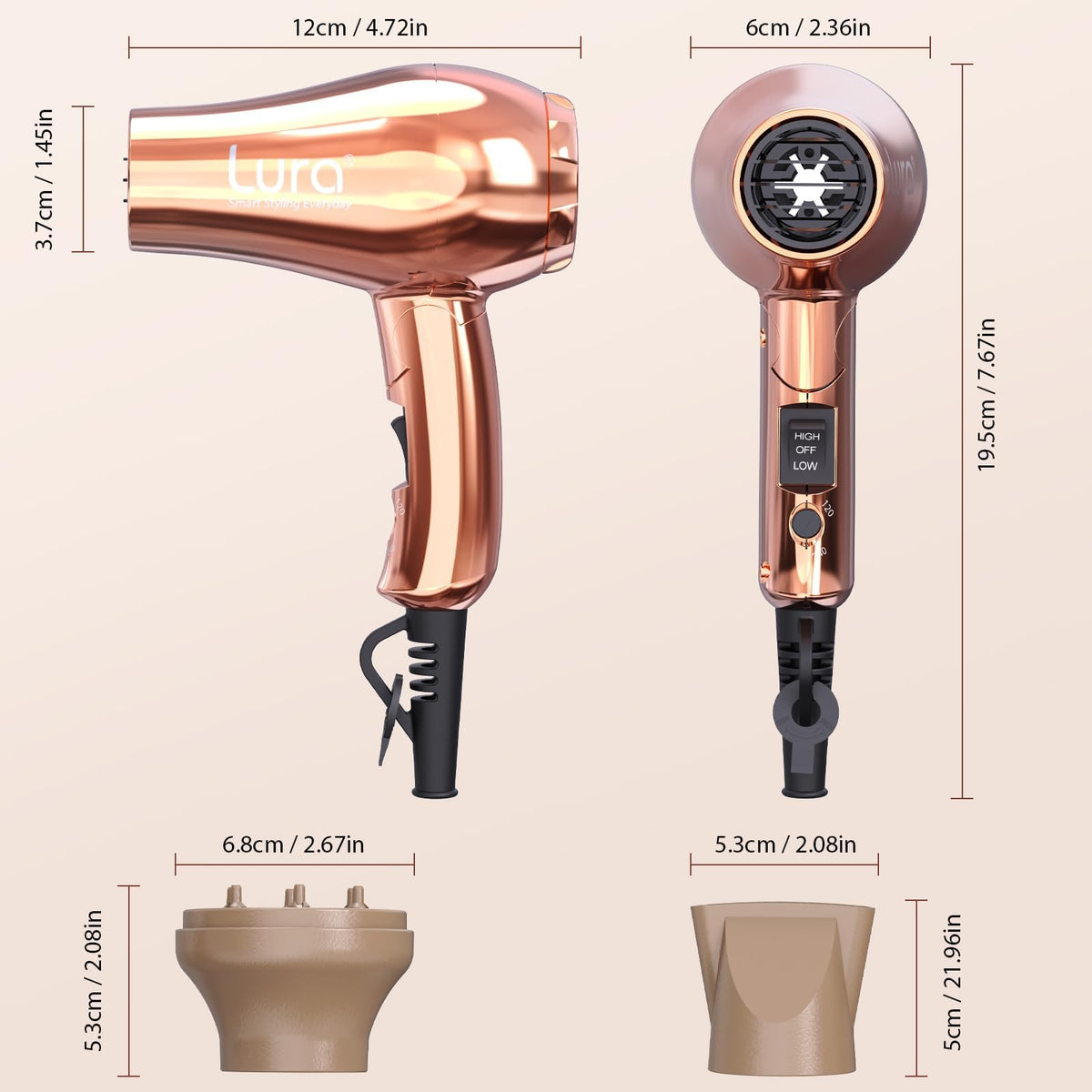 LURA Mini Hair Dryer with accessories laid out