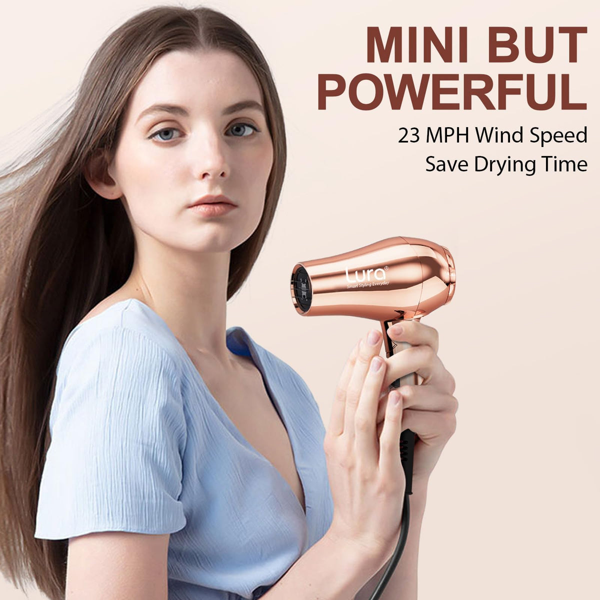LURA Mini Hair Dryer with concentrator nozzle attached