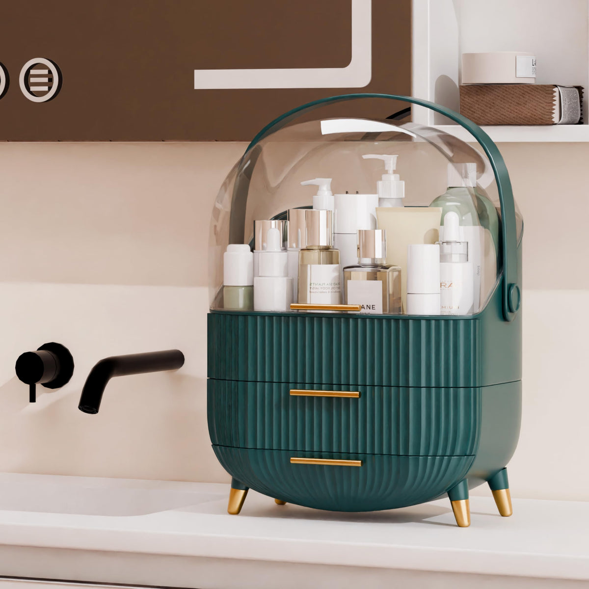 lurcns Makeup Organizer dark green on bathroom countertop