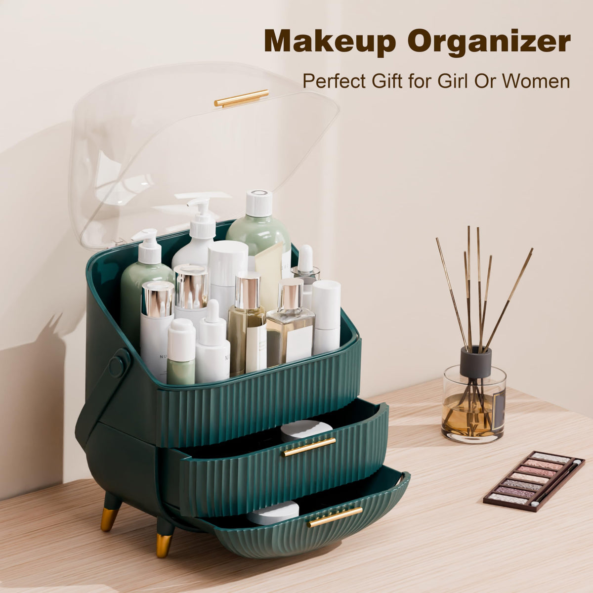 lurcns Makeup Organizer dark green with cosmetics inside