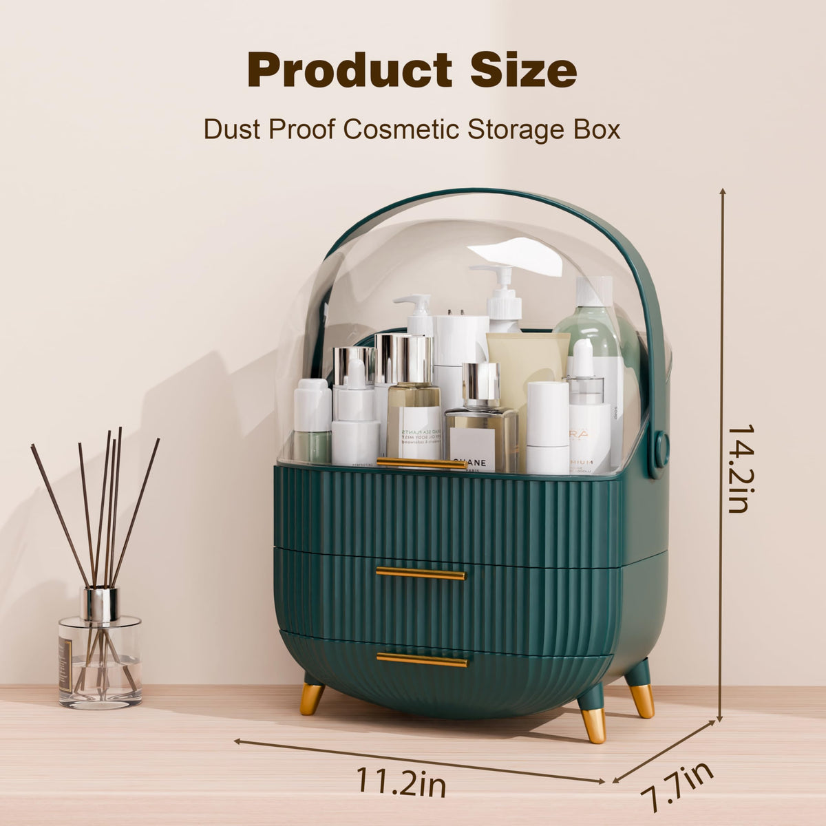 lurcns Makeup Organizer dark green with golden handle close-up