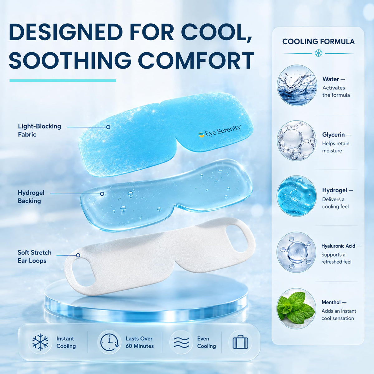 Lure Essentials Eye Serenity CHILL Self Cooling Mask in travel pouch