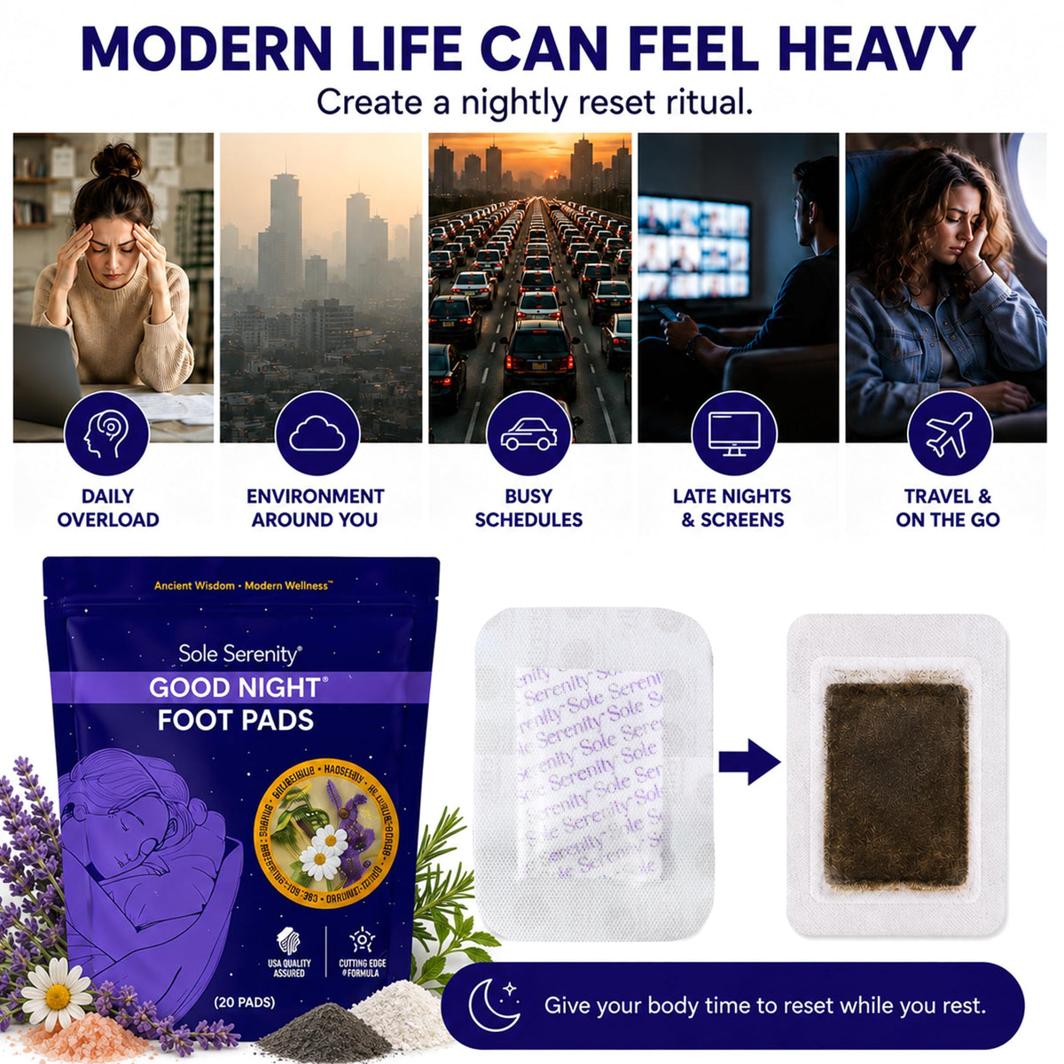 Lure Essentials Good Night Foot Pads displayed with herbal ingredients