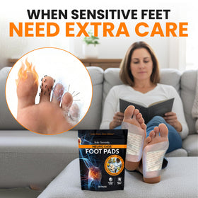 Lure Essentials NeuroEase Nighttime Foot Pads displayed on a bedside table