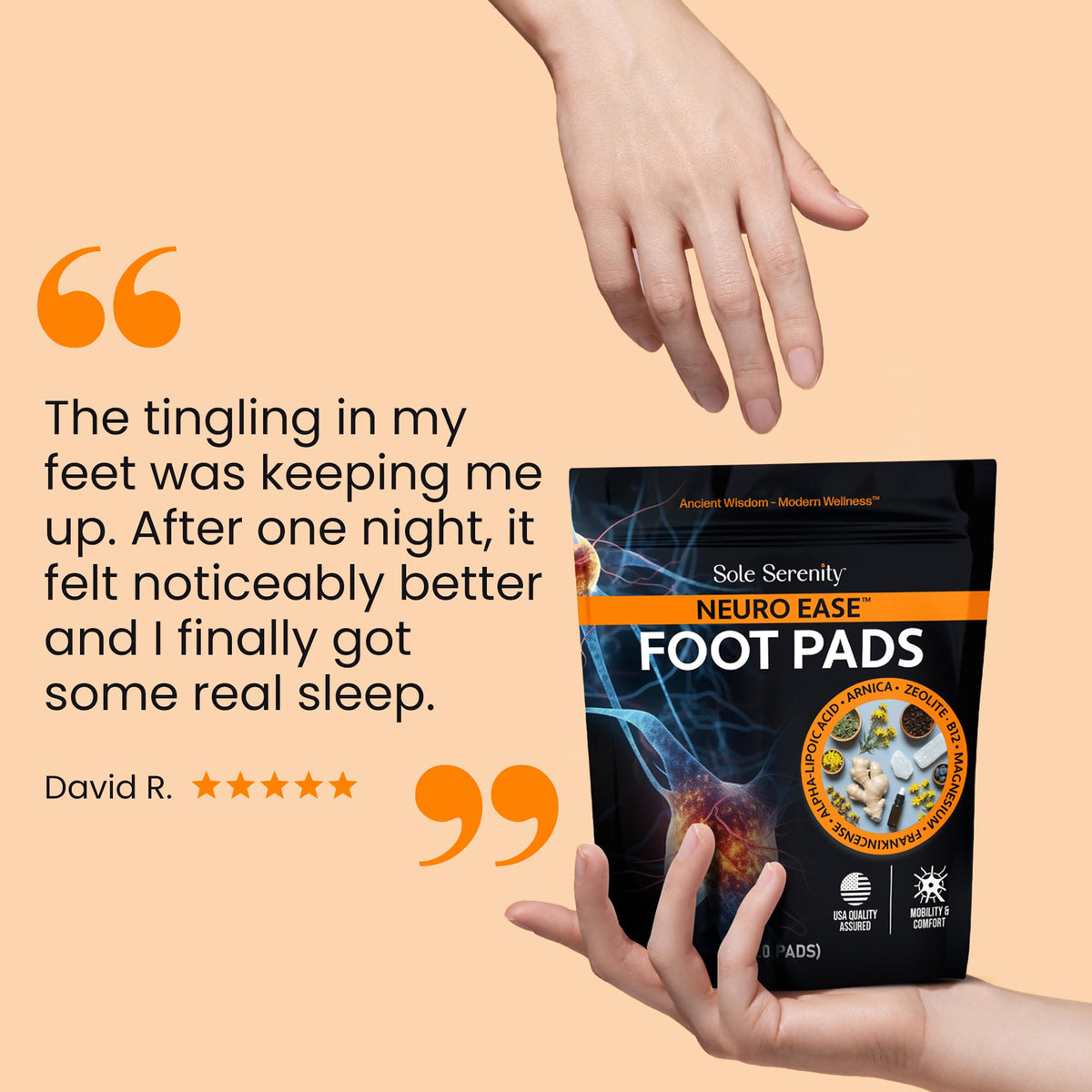 Lure Essentials NeuroEase Nighttime Foot Pads showing mineral blend ingredients
