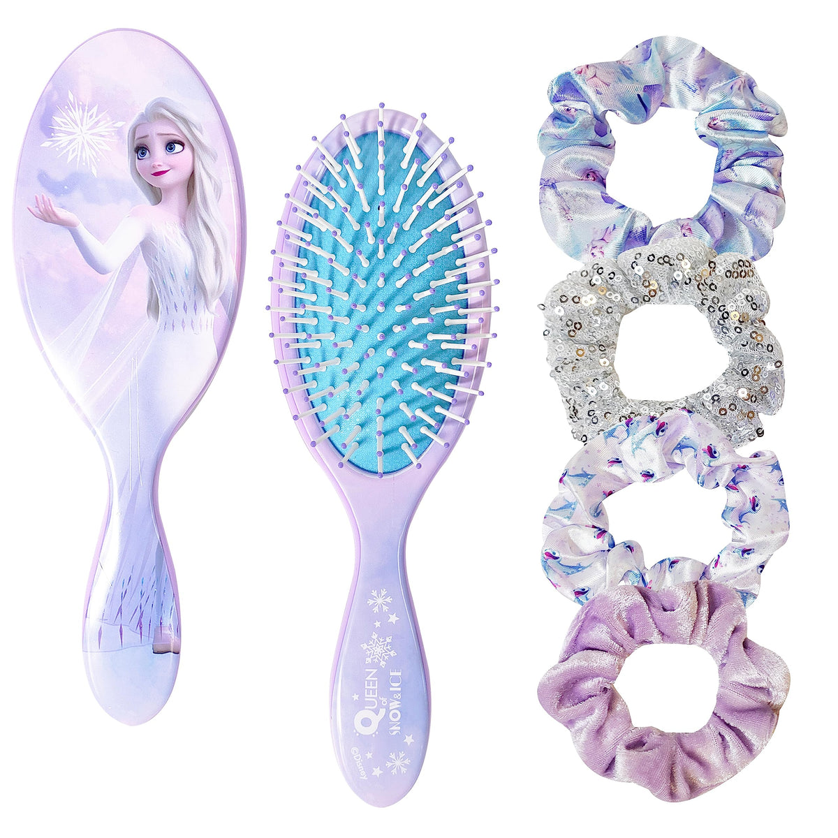 LUV HER Frozen Princess Elsa Hair Accessory Set front view with hairbrush and scrunchies