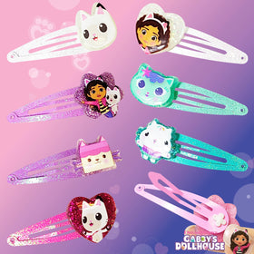 LUV HER Gabby's Dollhouse hair clips displayed on a table