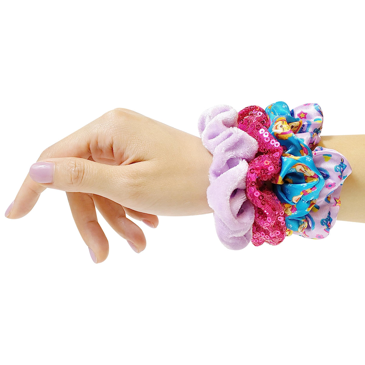 LUV HER Paw Patrol scrunchies displayed in a row