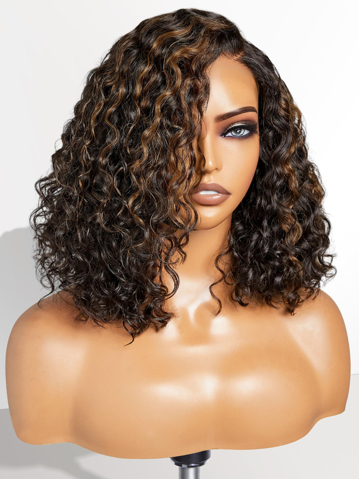 LUVME HAIR 12-inch curly bob glueless wig front view with blonde highlights